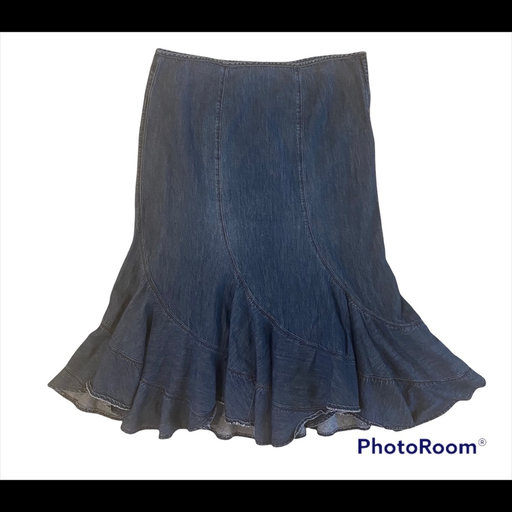 Style & Co Ruffle Bottom Peasant MIDI Cotton Denim Skirt Size 12